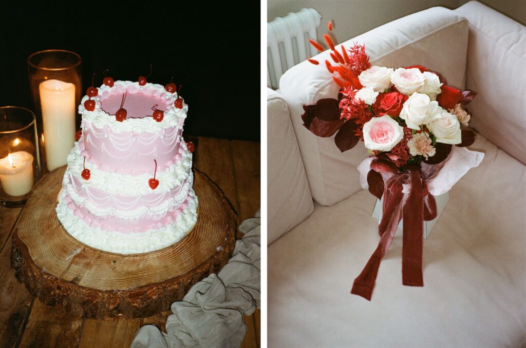 Wedding cake and wedding flowers captured on 35mm film by wedding photographer